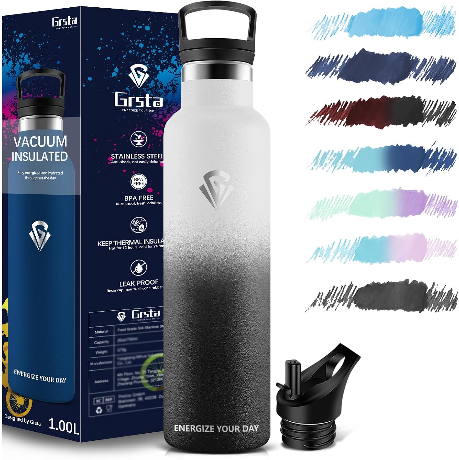 Grsta Water Bottle - 1 Litre - Sports Water Bottle, Stainless Steel Leak-Proof, Drinking Bottle with Straw, Thermos Flask, BPA-Free, Water Bottle for Sports, Fitness,
