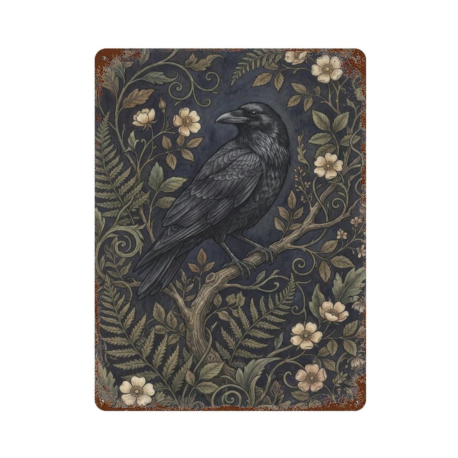William Morris Raven on Branch Cottagecore Decor Dark Academia Bird Illustration Gothic Botanical Wall Decor Art Metal Tin Poster Modern Home Decor Art Home Bar Shop Decorations Vintage Sign 40x30cm