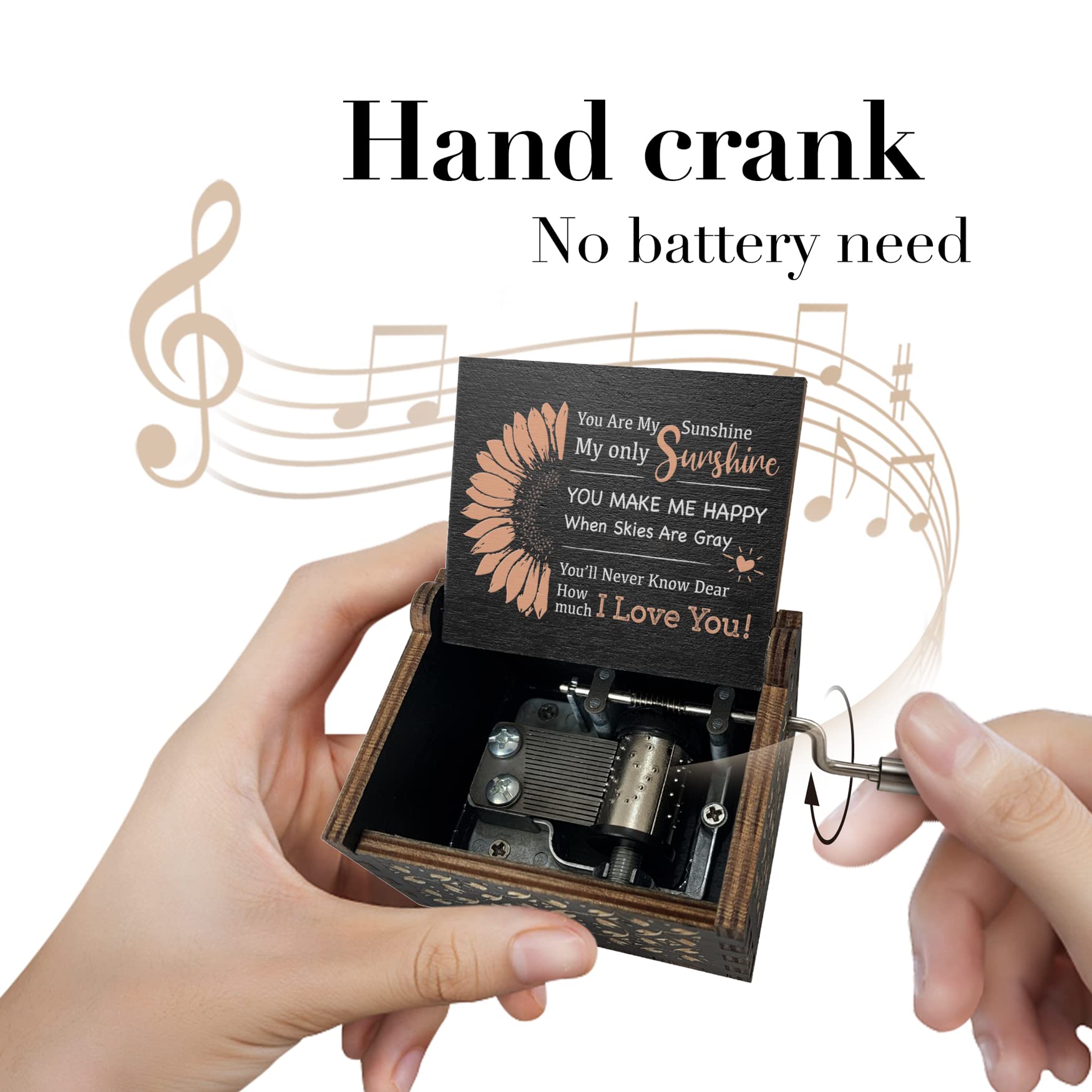 Hcaredee Sunflower Music Box You are My Sunshine Hand Crank Wooden Mechanism Musical Boxes Cute Tiny Vintage Keepsake Box Gifts for Girls Women Mom Boys Kit Wife-Black