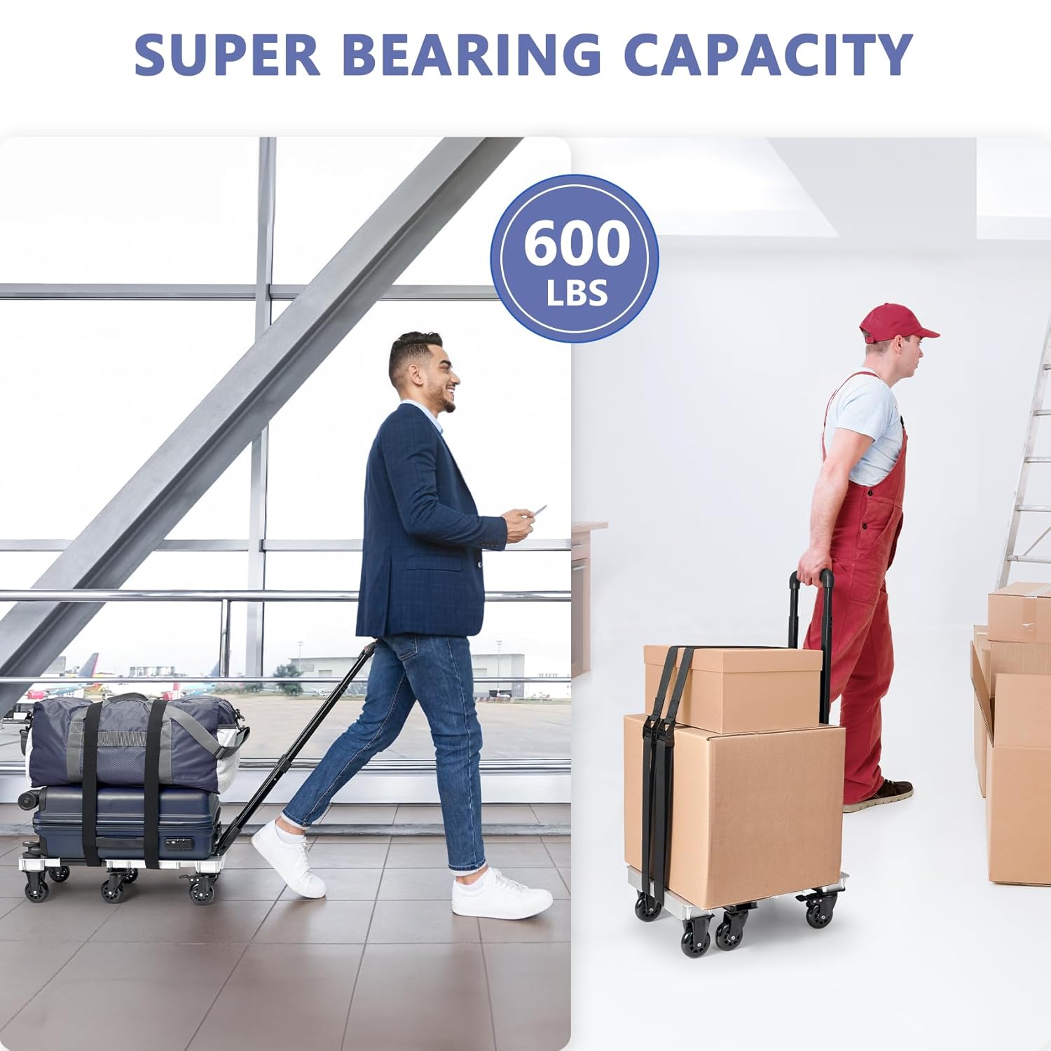 KEDSUM Aluminum Panel Folding Hand Truck Dolly, 90  135° Foldable Dolly Cart, 600lbs Heavy Duty Luggage Cart with 6 Wheels for Moving, Travel, Shopping Use