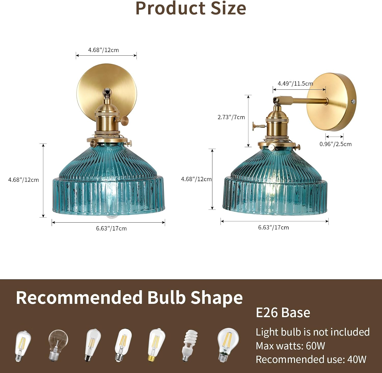 Vintage Wall Sconces with Blue Conical Glass Lampshade for Bedside Bedroom Doorway, Adjustable Brass Sconces with Switch Hardwired 180° Rotatable, Retro Wall Lighting Fixture Indoor 6.7″, Set of 2
