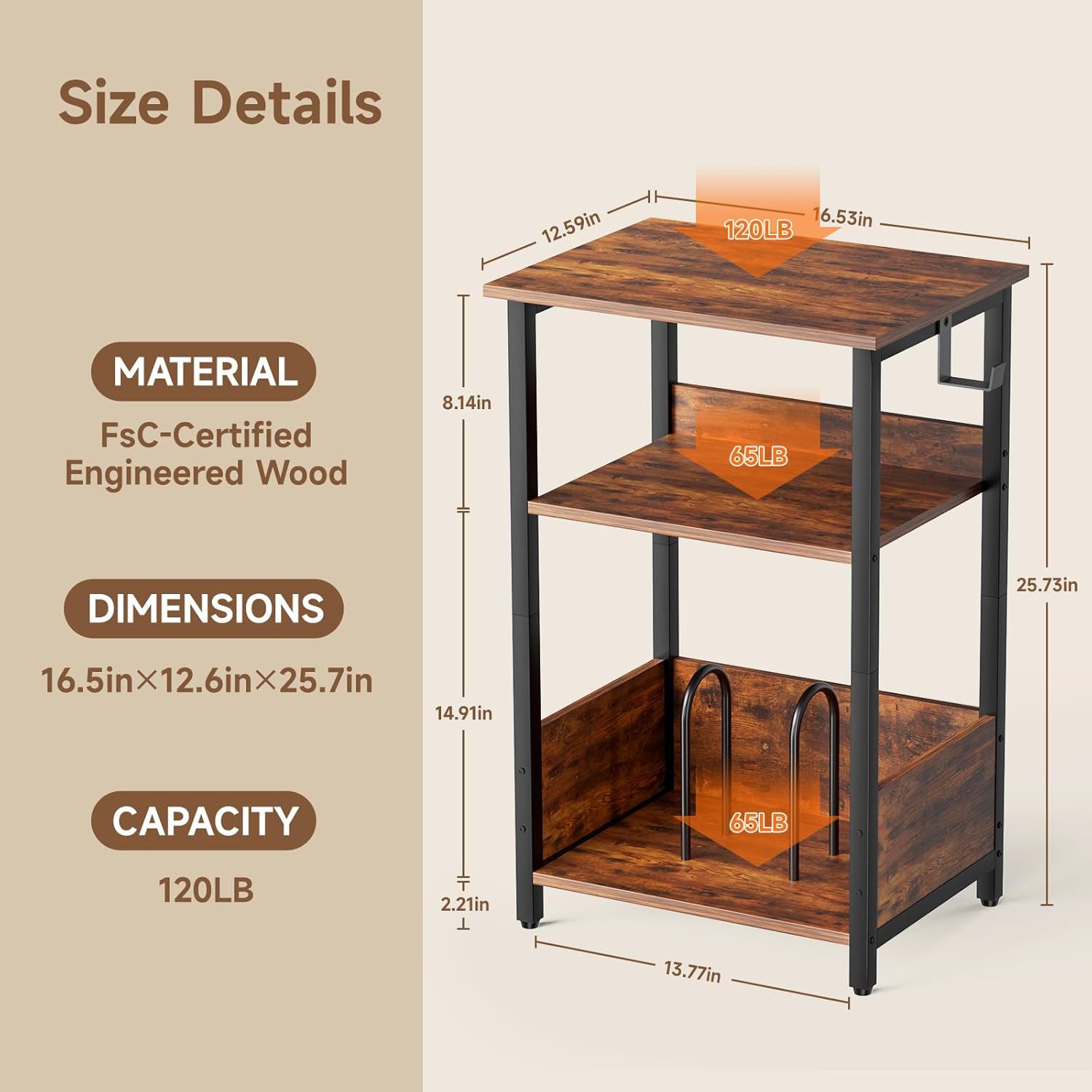3-Tier Record Player Stand & Vinyl Storage Cabinet – Turntable Side/End Table with Album Rack | Modern Heavy-Duty Media Console Furniture for Living Room, Bedroom | Rustic Wood Finish