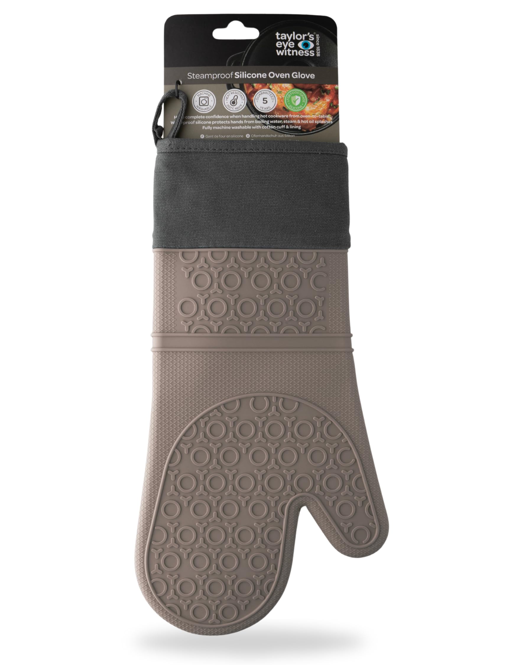 Taylors Eye Witness Boys Grey Silicone Oven Glove Stripe – Steam Proof, Waterproof Heat Resistant (Upto 250°C/480°F). Safe From Boiling Water & Hot Oil. Machine Washable, Bpa & Phthalate Free. 5 Year Guarantee.