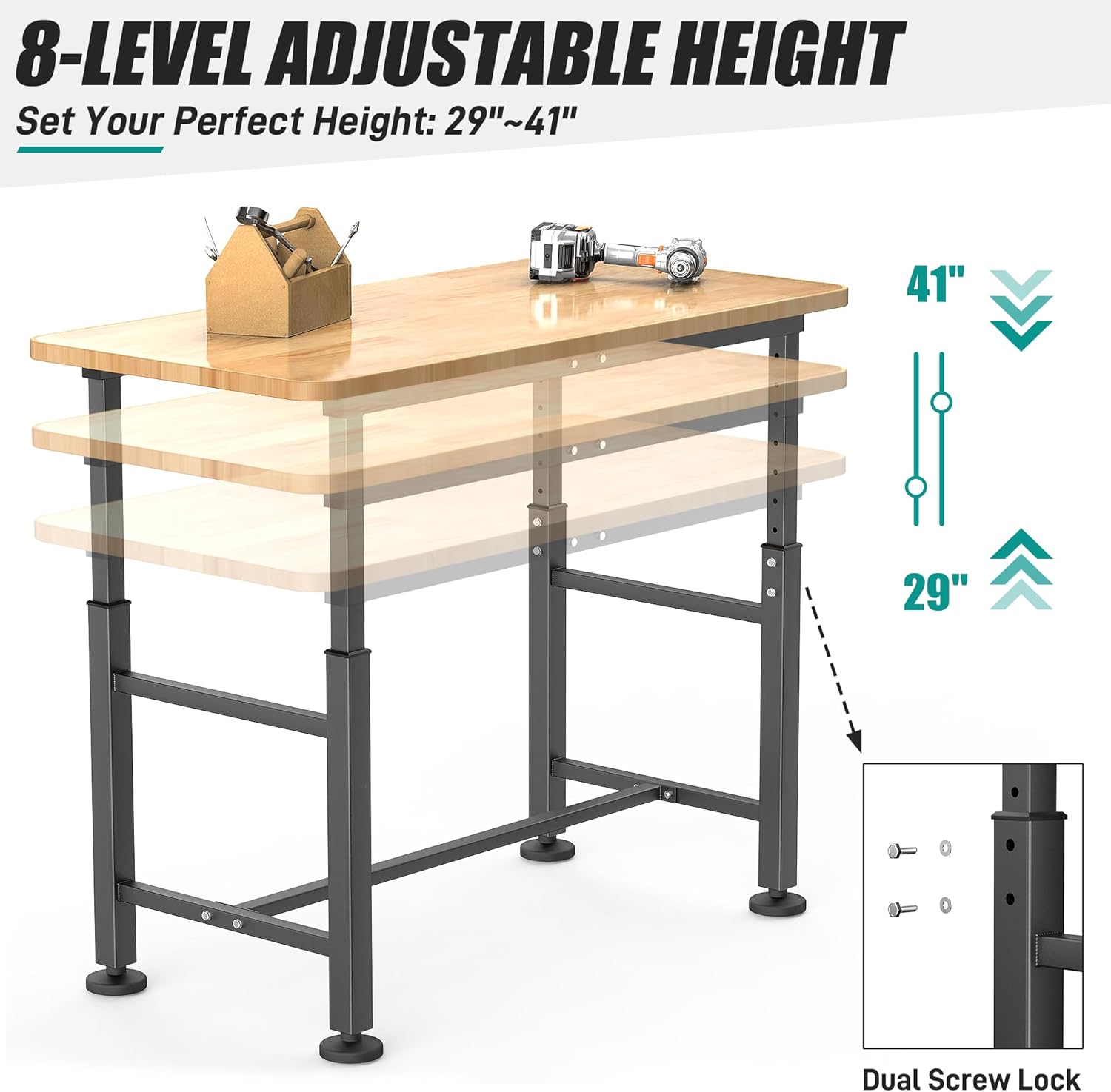 EVERHANGER Workbench for Garage, Adjustable Height Work Table, Heavy Duty Rubber Wood Top Workstation for Workshop, 47.5 x 23.5 Inch