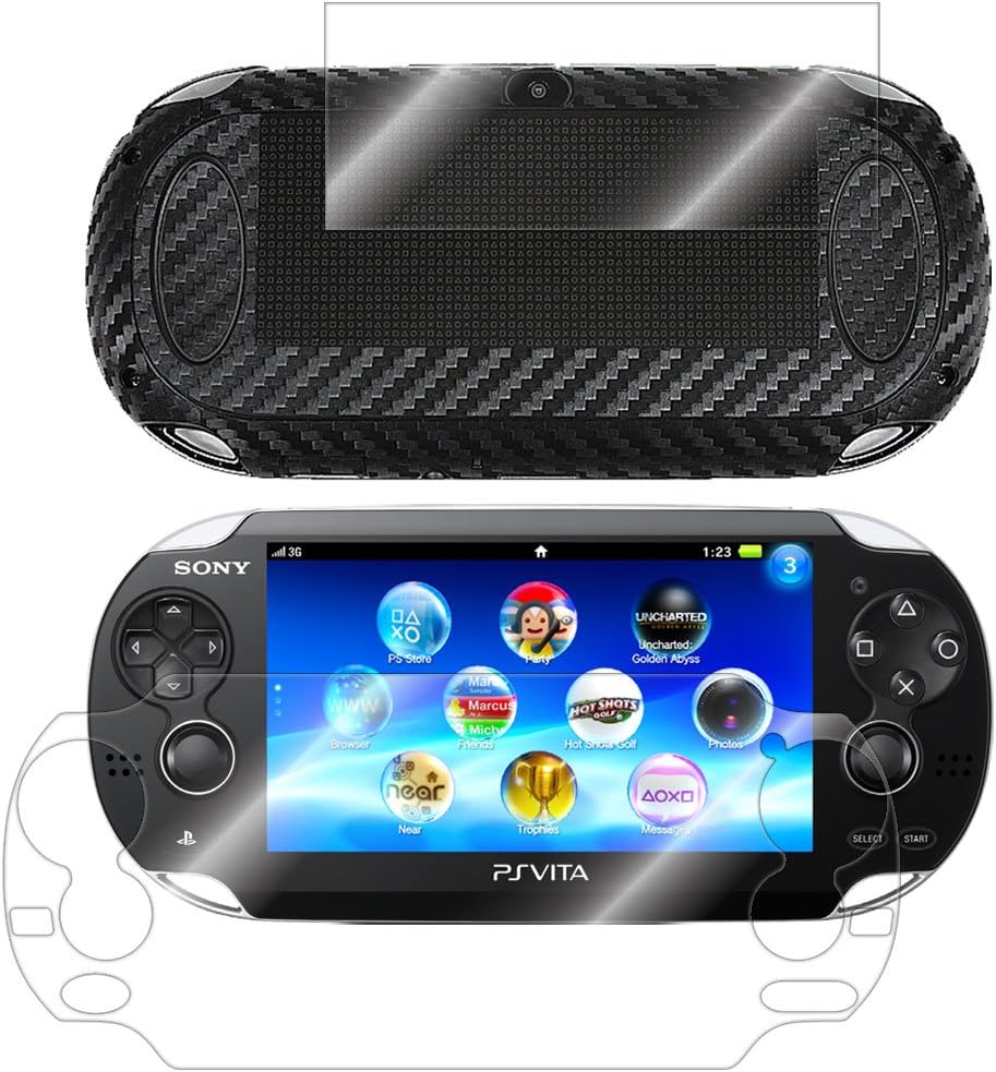 MilitaryShield Black Carbon Fiber Skin Wrap Film + HD Clear Screen Protector for Sony PlayStation Vita - Anti-Bubble Film