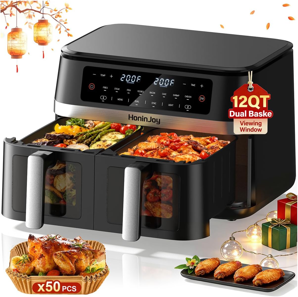 HoninJoy 12QT Dual Basket Air Fryer with Viewing Window, 50 Paper Liners, SyncCook - 12-in-1 Touchscreen, Dishwasher Safe