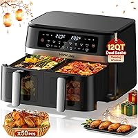 HoninJoy 12QT Dual Basket Air Fryer with Viewing Window, 50 Paper Liners, SyncCook - 12-in-1 Touchscreen, Dishwasher Safe