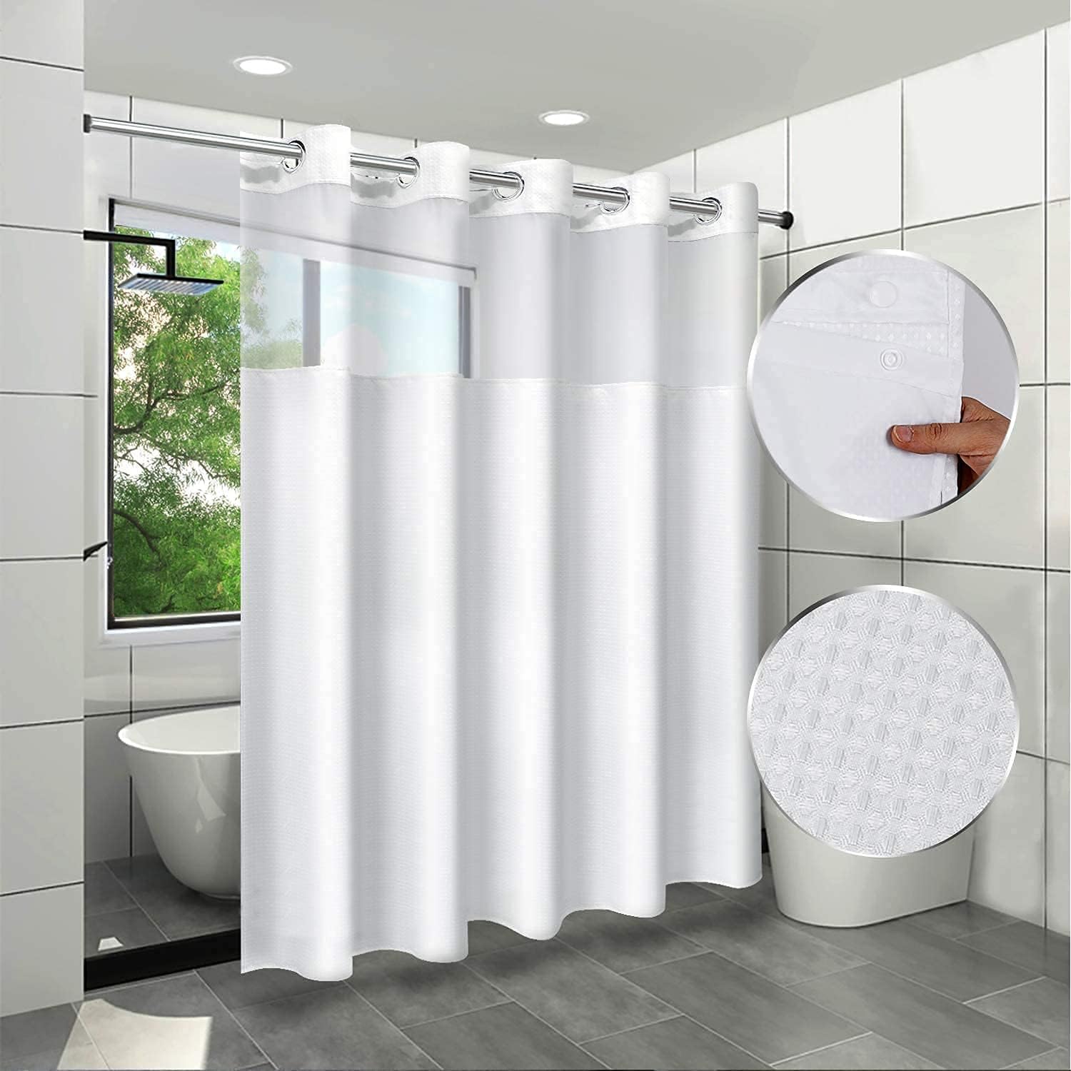 Hookless Shower Curtain with Snap-in Liner, Waffle Weave Fabric, Hotel Grade, Clear Window, 72x74 Inch - White, 2025 for Boys & Girls 6-12 Years Old