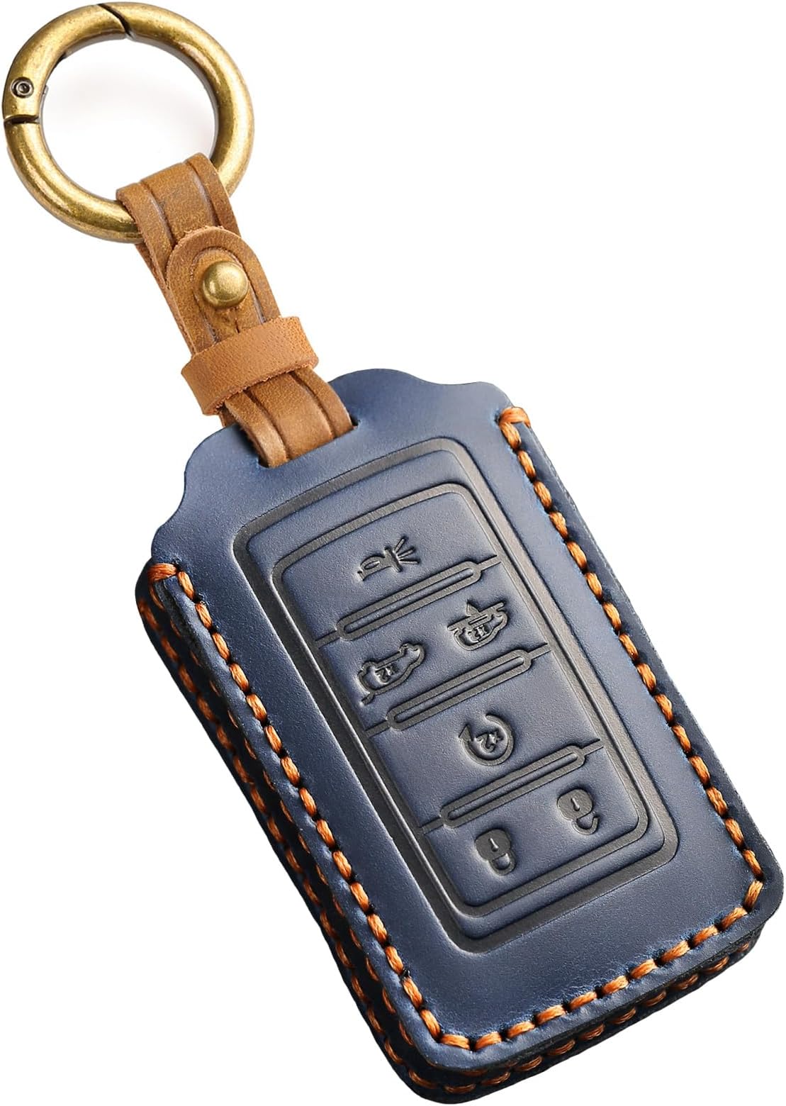 EASYANT Leather Key Fob Cover for Jeep 2021-2024 Grand Cherokee L Grand Wagoneer Key Case Protector keychain Smart Key Holder Blue 6 Button