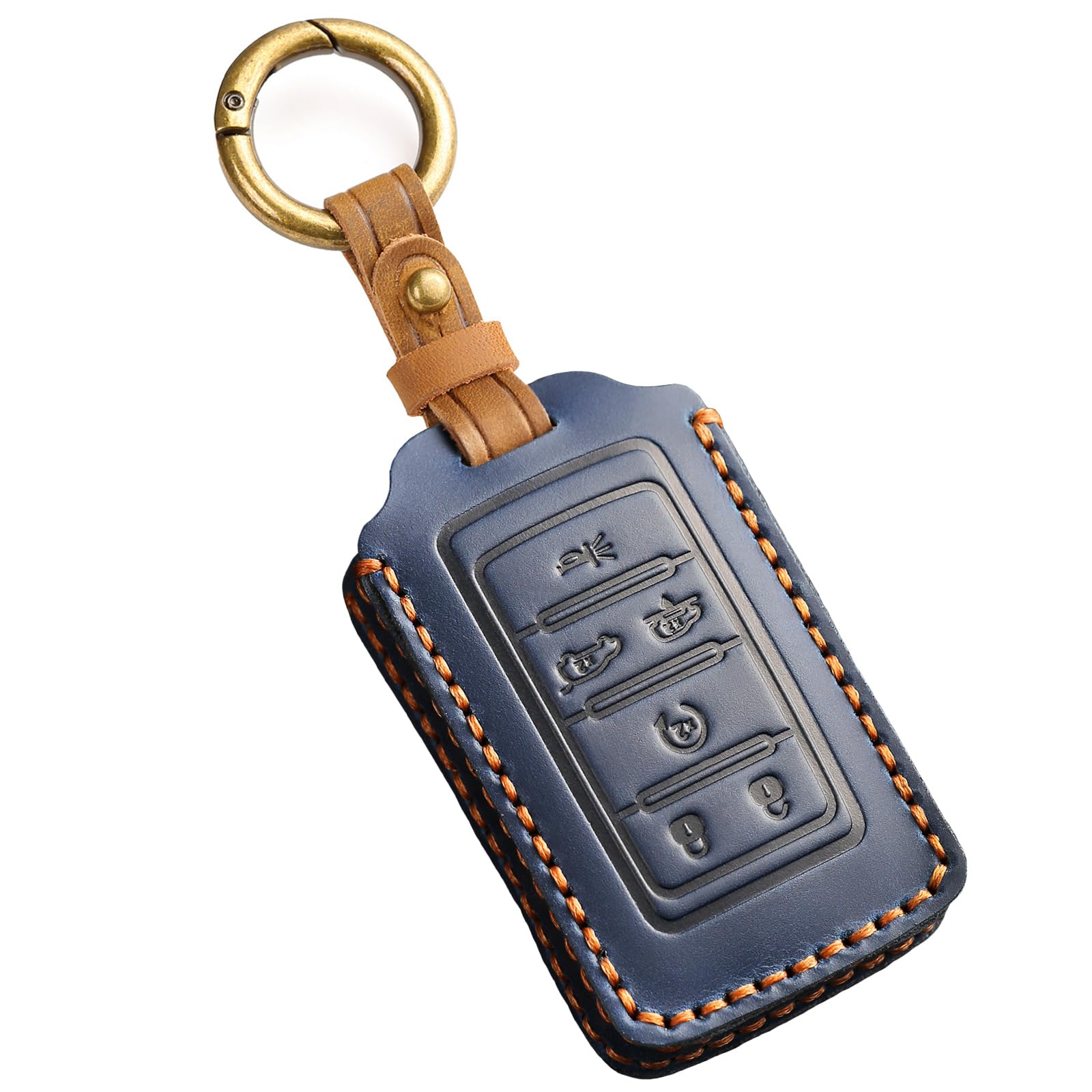 EASYANTLeather Key Fob Cover for Jeep 2021-2024 Grand Cherokee L Grand Wagoneer Key Case Protector keychain Smart Key Holder Blue 6 Button