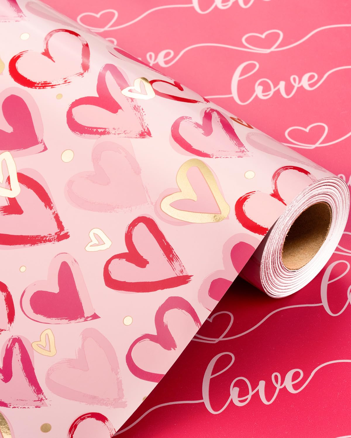 Wikadlik Geschenkpapier mit rosa Herzen, 43 cm x 10 m, Liebesschrift, Geschenkpapier für Valentinstag, Jahrestag, Muttertag, Hochzeit