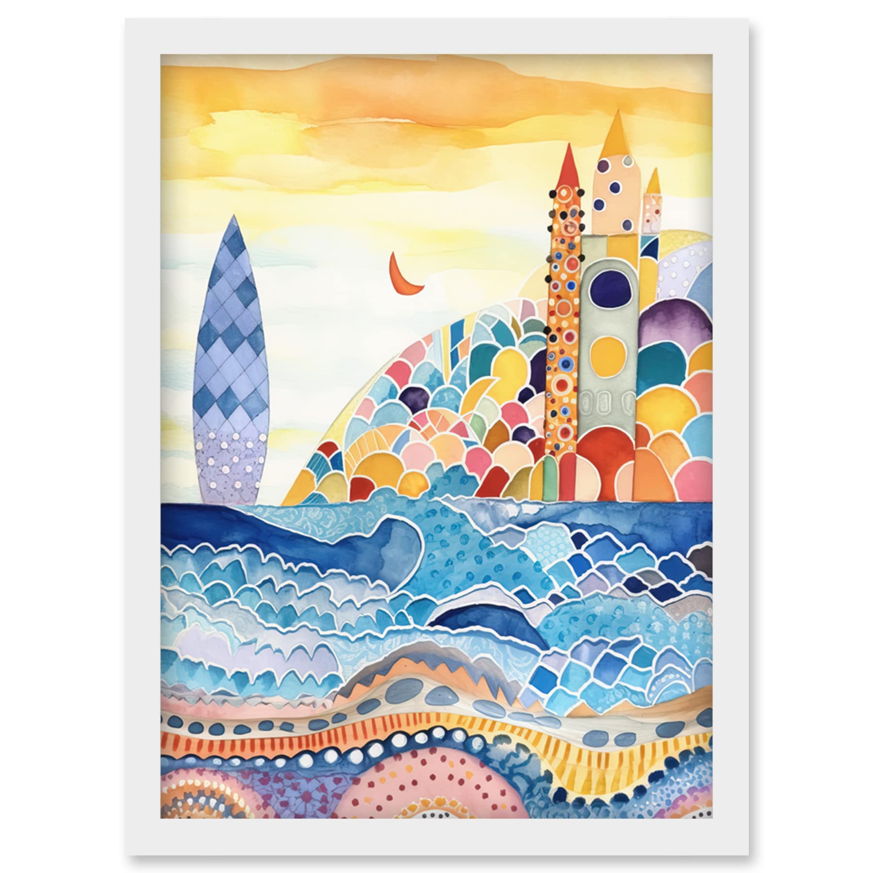 Artery8 Abstract Seascape Waves On Beach Folk Art Bathroom Artwork Framed Wall Art Print A4