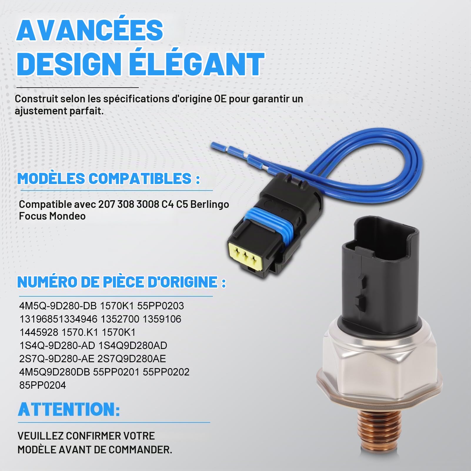 Capteur de pression de carburant avec faisceau de câbles pour 207, 207, 307, 308, 407 pour C2, C3, C4, C4 Picasso, C5, Focus II C-Max Mondeo III pour Megane II Qashqai I 1570K1 55PP0203