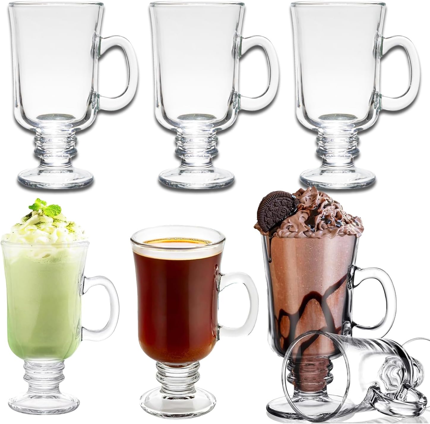 Set of 6 Irish Coffee Mugs - Bundle with 8.45 Oz Clear Glasses with Handle & Footed Stamp Base for Espresso, Hot Beverages, Tea, Lattes, Cappuccinos, Smoothies, More