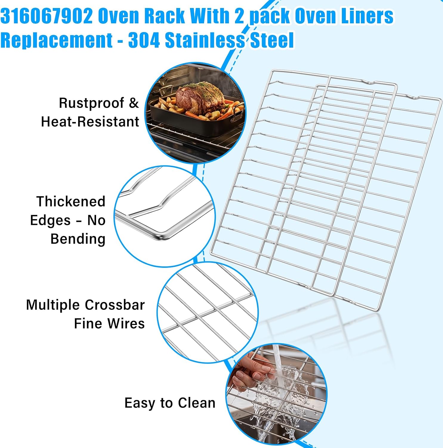 UPGRADE 316067902 Oven Racks Replacements Compatible with Frigidaire oven rack replacement,22.6"x 16" 304 Stainless Steel Oven Wire Rack With 2ps Oven Liners