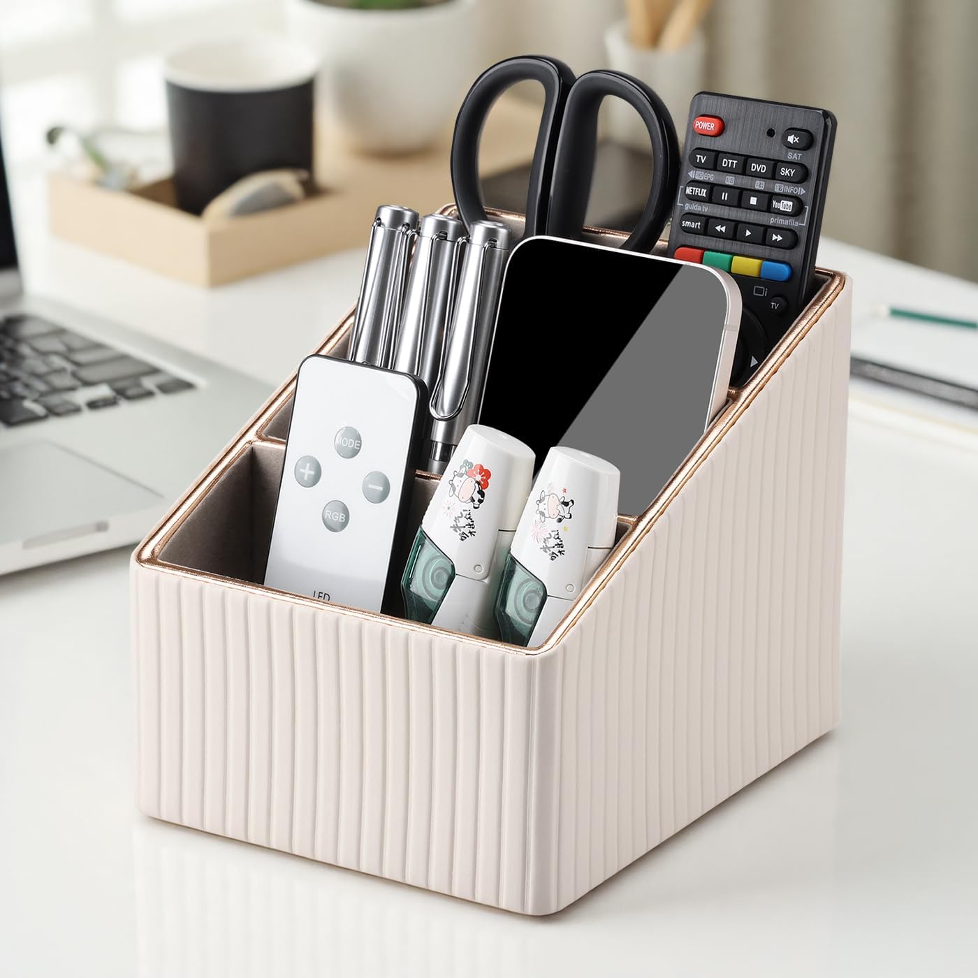 KINGFOM Remote Control Holder with 3 Compartments, Pu Leather Remote Caddy Desktop Organizer for TV, CD, Blu-Ray, Media Player, Heater Controllers and Cosmetics Office Supplies Light Beige