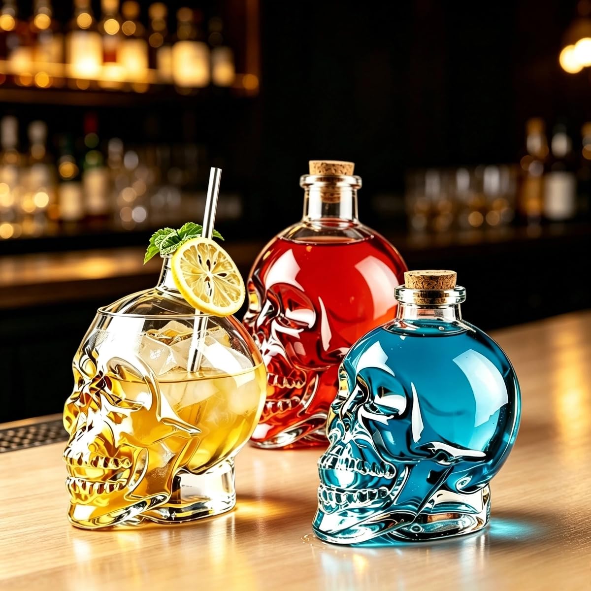 Szklana butelka na alkohol z trupią czaszką, z zamknięciem korkowym, 3 rozmiary 240/450/800 ml, przezroczysta butelka dekantująca do whisky, rumu, likieru i koktajli, prezent do baru domowego