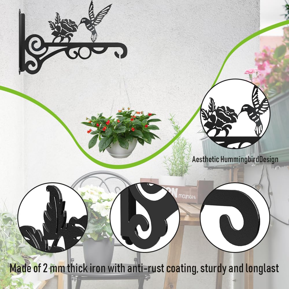 2 Supports Muraux Pour Paniers Suspendus – En Fer Forgé Noir, Design Oiseau – Pour Plantes, Lanternes, Décoration Extérieure - 9