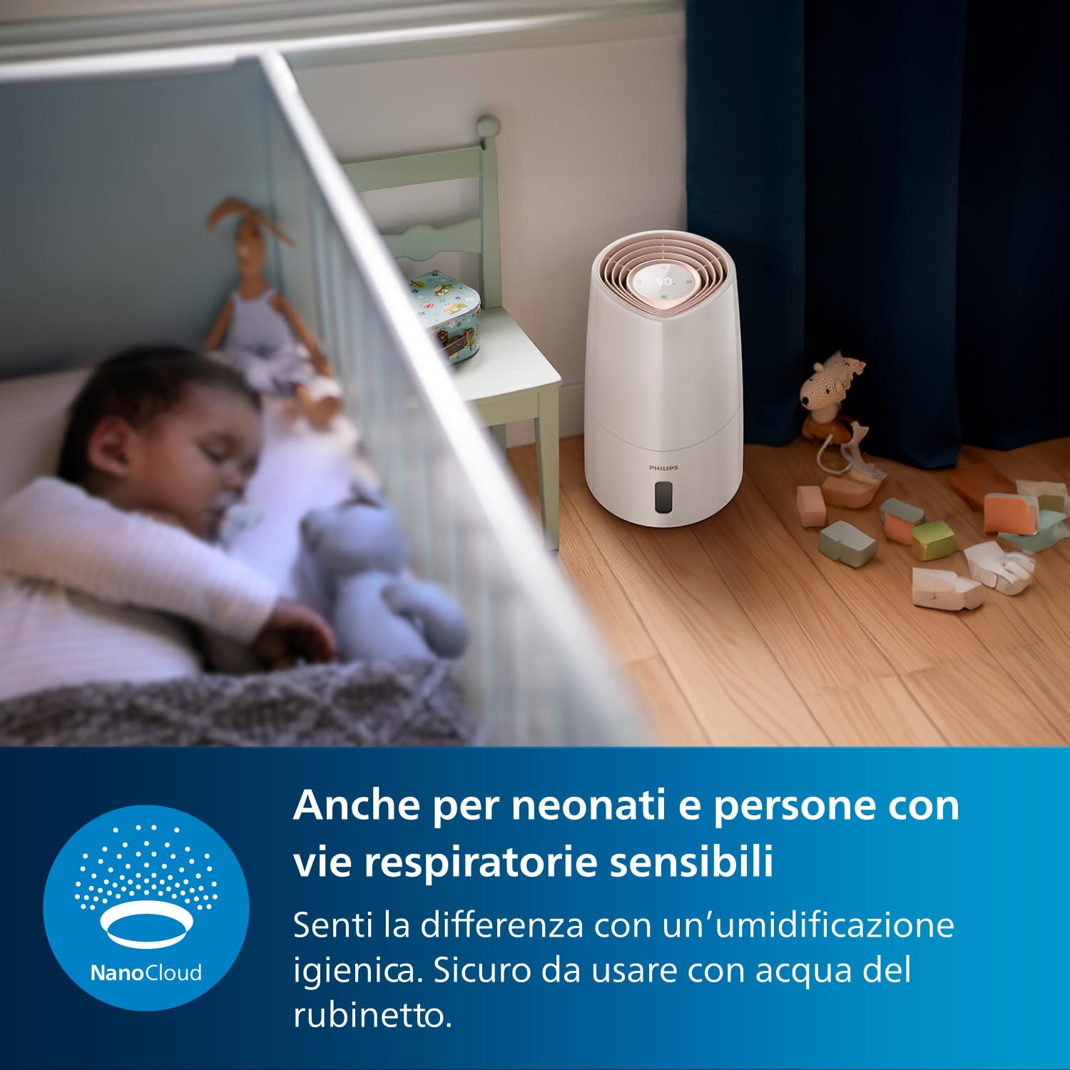 Philips 3000 Series Umidificatore D'aria - 45m² Umidificatore d'ambiente, NanoCloud, 3 Velocità, Modalità Sleep, Serbatoio 2 litri (HU3916/10)