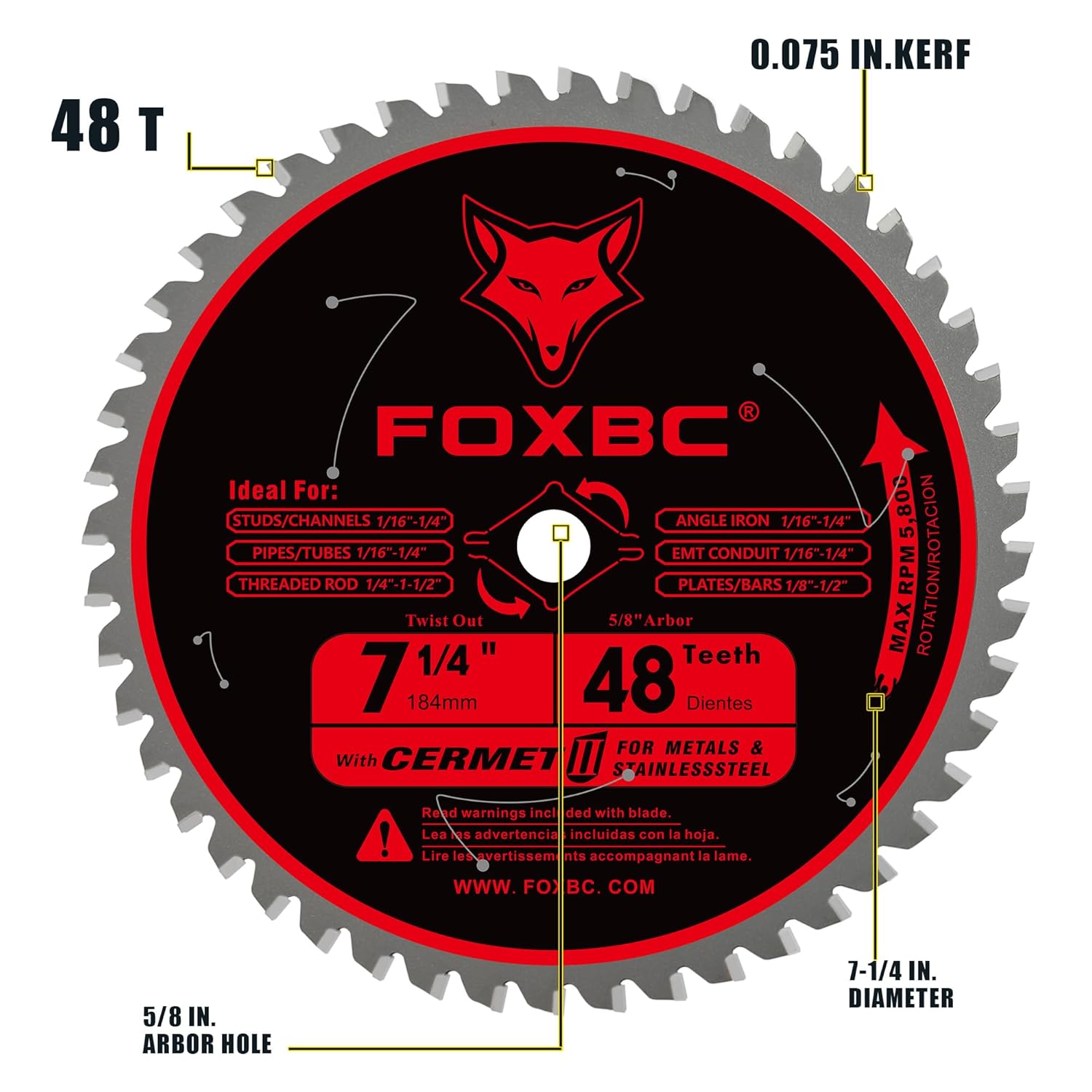 FOXBC 7 1/4 inch Metal Circular Saw Blade 48 Teeth, Metal and Stainless Steel Cutting Saw Blade, Ceramic Carbide with 5/8 Arbor - 2 Pack