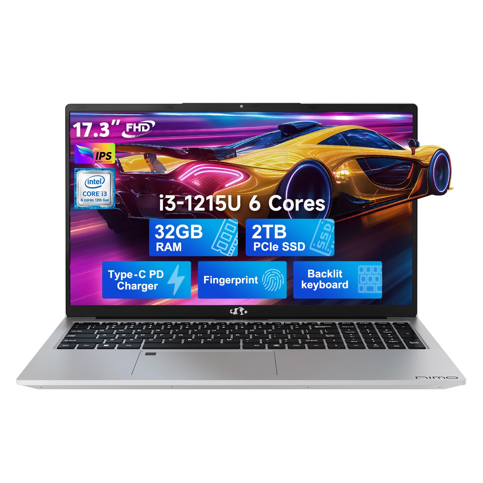 NIMO 17.3 FHD-Laptop，IPS Business Computer, 32GB RAM 2TB SSD 6 cores 12th Intel i3-1215U(up to 3.4 GHz) 65W Type C Laptop-Computer with Backlit