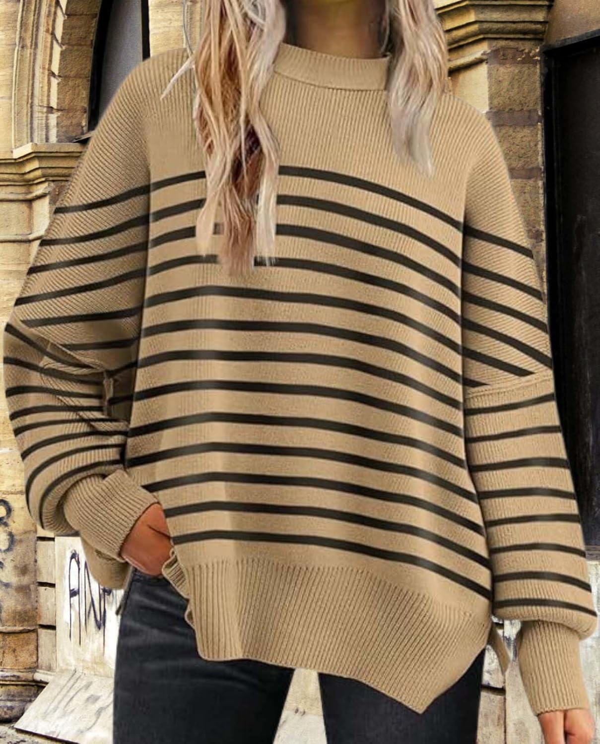 2025 Fall Womens Oversized Batwing Sweater Fashion Crew Neck Knit Side Slit Cozy Fall and Winter Pullover Sweater - Image 2