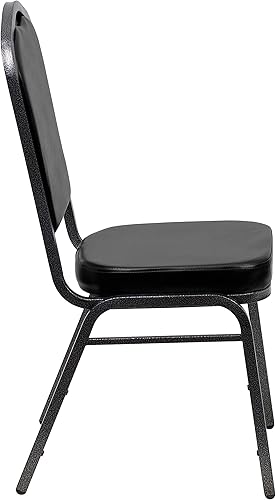 Miniatura 6 de BizChair Paquete de 4 sillas apilables para banquetes con respaldo de corona en vinilo negro, marco de vena plateada