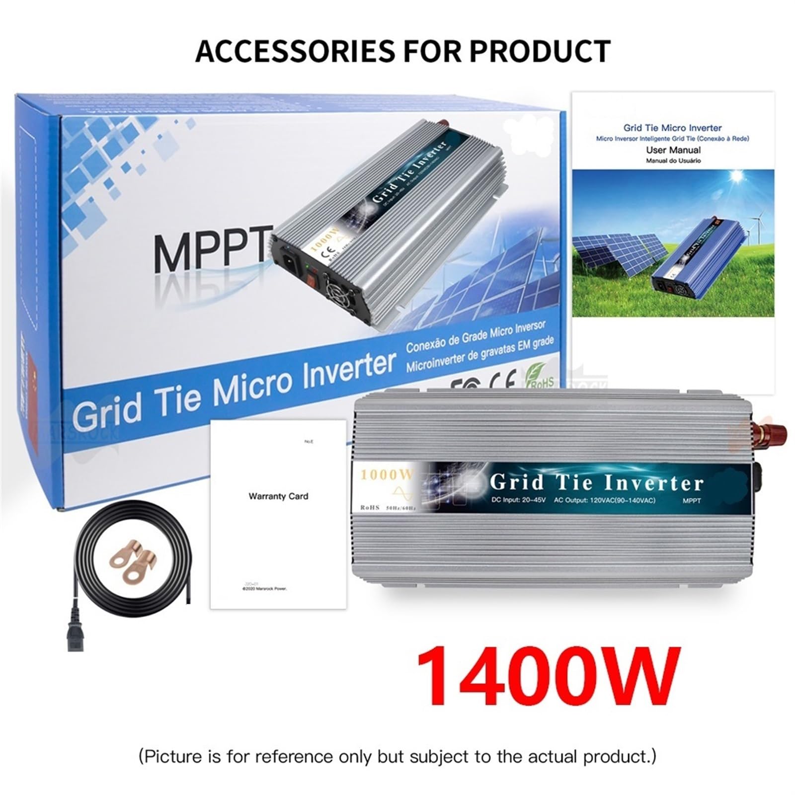 Mikroinwerter, 1000-1400W Micro Grid Tie Solar Inverter 20-50V DC do AC 1MPPT Czysta sinusoida Konwerter do zasilania energią słoneczną(1400W,18V)