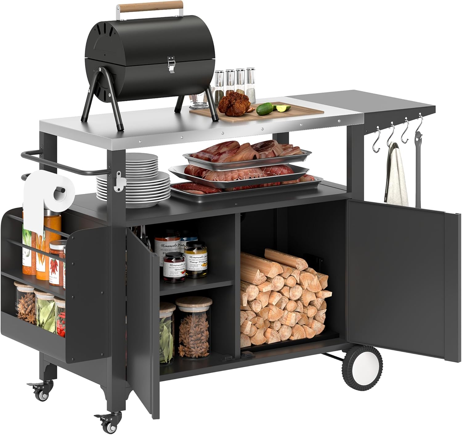 Outsunny Outdoor Grill Cart Table with Foldable Side Table, Stainless Steel Tabletop, 37.8" x 18.1" Pizza Oven Table with Storage & Towel Rack, Hooks, Movable Food Prep Table on Wheels