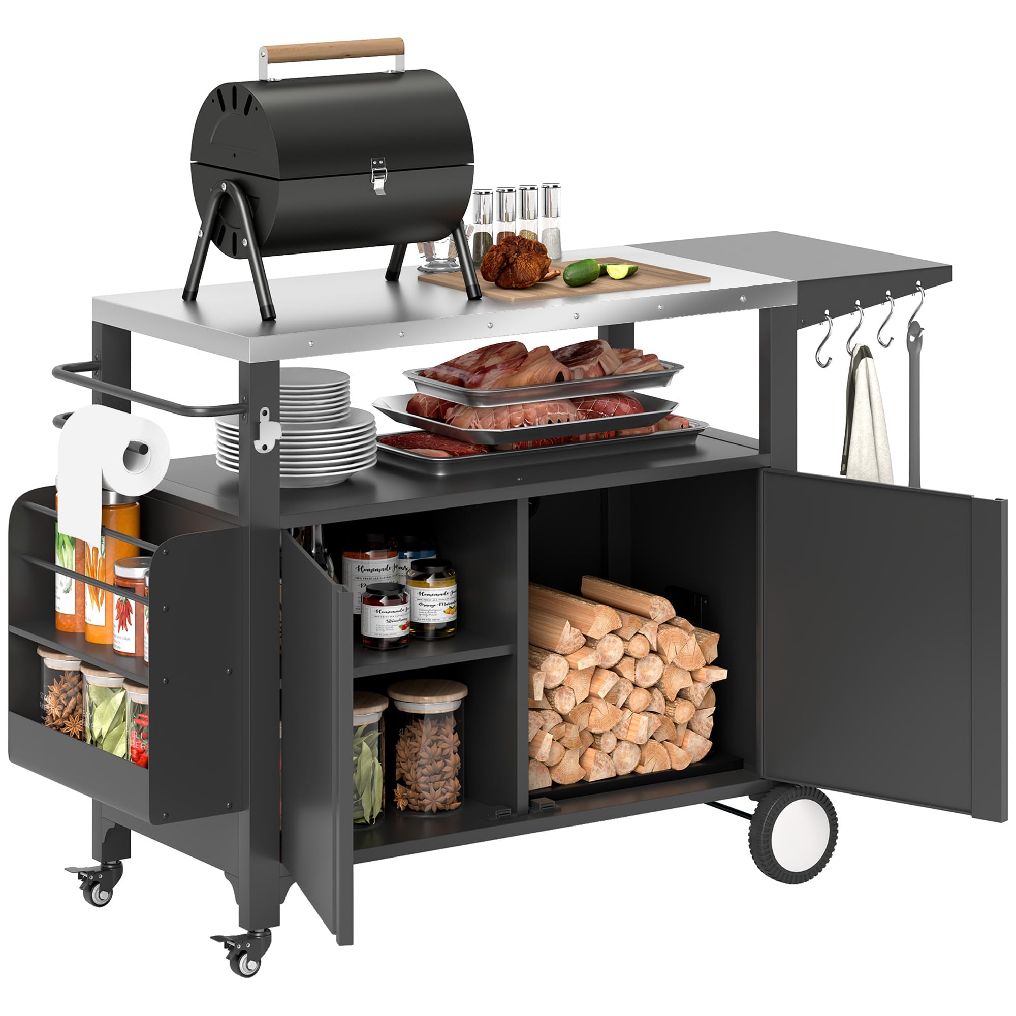 Outsunny Outdoor Grill Cart Table with Foldable Side Table, Stainless Steel Tabletop, 37.8" x 18.1" Pizza Oven Table with Storage & Towel Rack, Hooks,