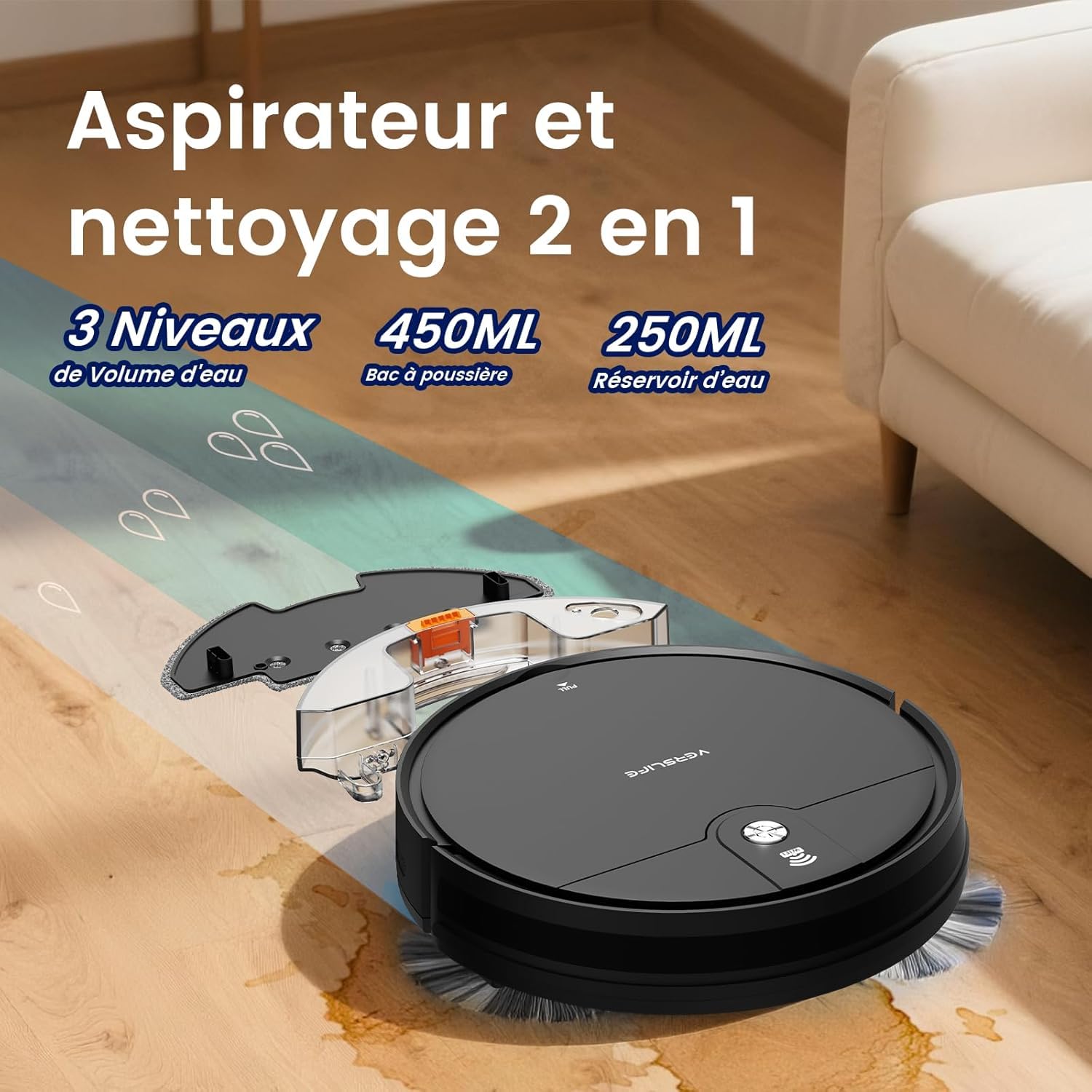 VersLife L6 Robot Aspirateur Laveur, 2 en 1 Aspirateur Robot Laveur, 4000Pa, 120 Min d'Autonomie, Alexa/WiFi/APP/Télécommande, Ricarica Automatica, pour Sols Durs, Tapis et Poils d'animaux (Noir)