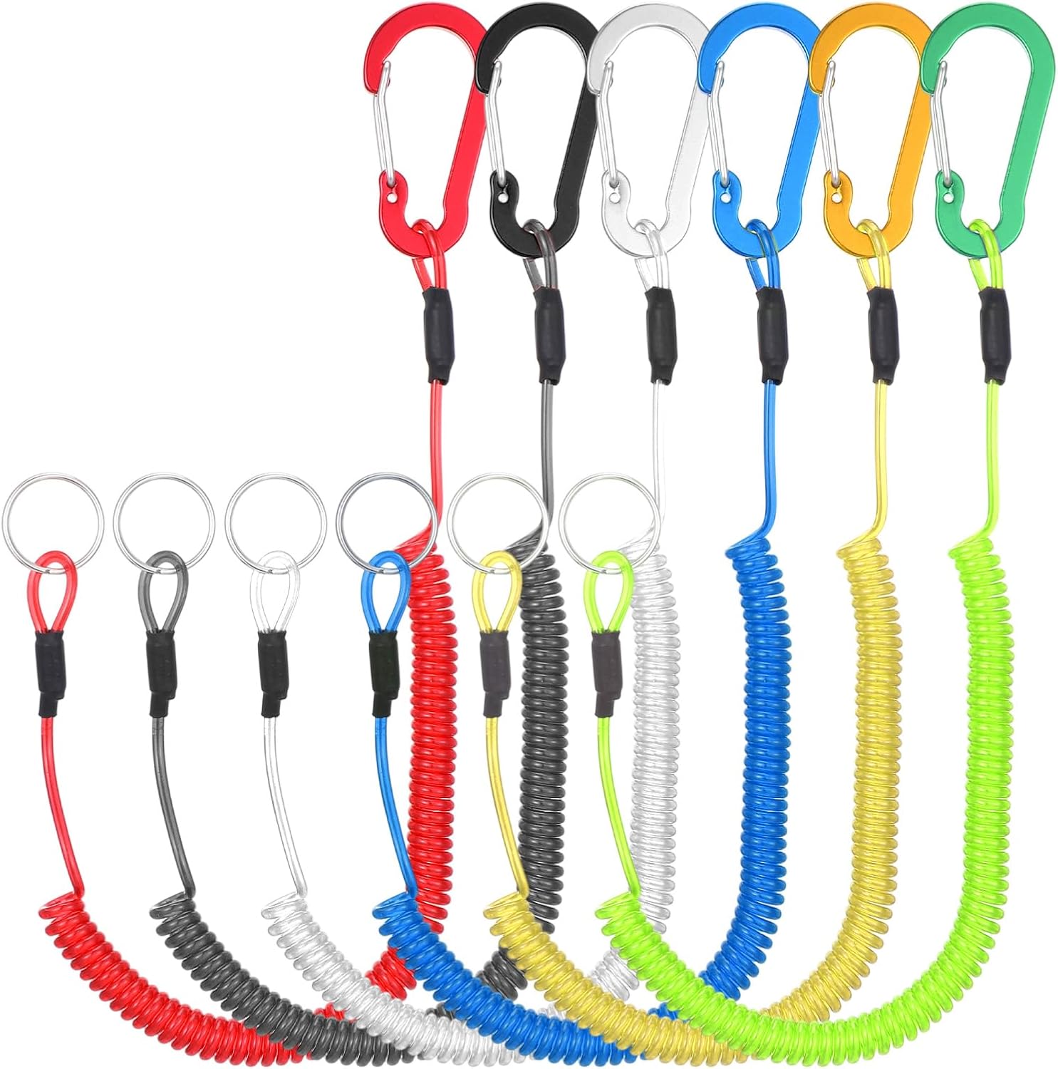 6 Pcs Retractable Safety Coiled Lanyard, Stretchy Stainless Steel Wire Coiled Lanyard Kayak Tool Leash Fishing Rod Safety Cord for Fishing Camping Hiking Boating(Black)