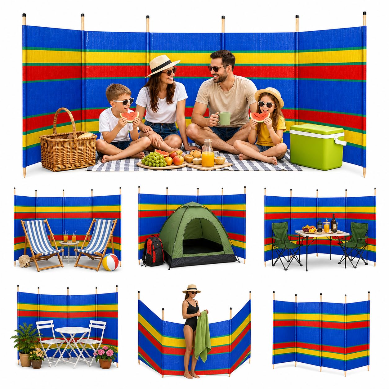 AKADIL Heavy Duty Windbreaker Multicolour Garden Beach Outdoor Sun Shade Protection Privacy Screen Caravan Holiday Large Wind Breakers Camping Shelter Strong Wind Break (Blue, 8 Pole)