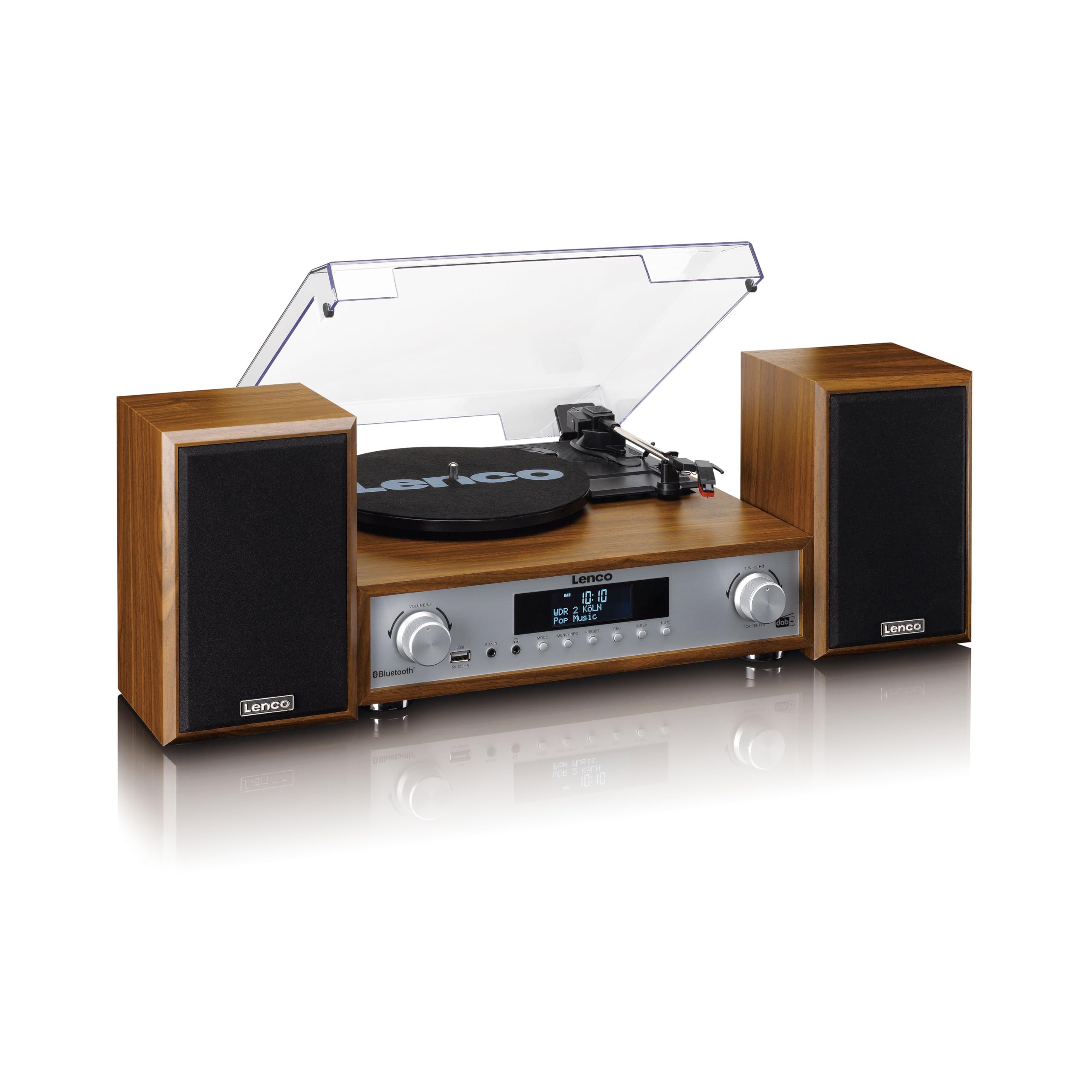 Lenco MC-160WD Impianto stereo con giradischi - Radio DAB+/FM, Bluetooth 5.0, codifica MP3 diretta da vinile su USB, trazione a cinghia, 3 velocità, altoparlanti in legno 2x10W, telecomando