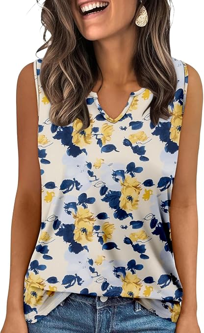 KISSMODA Tank Tops for Women Summer Casual Sleeveless Shirts Dressy Trendy V Neck Tunics Loose Notched Blouses S-3XL