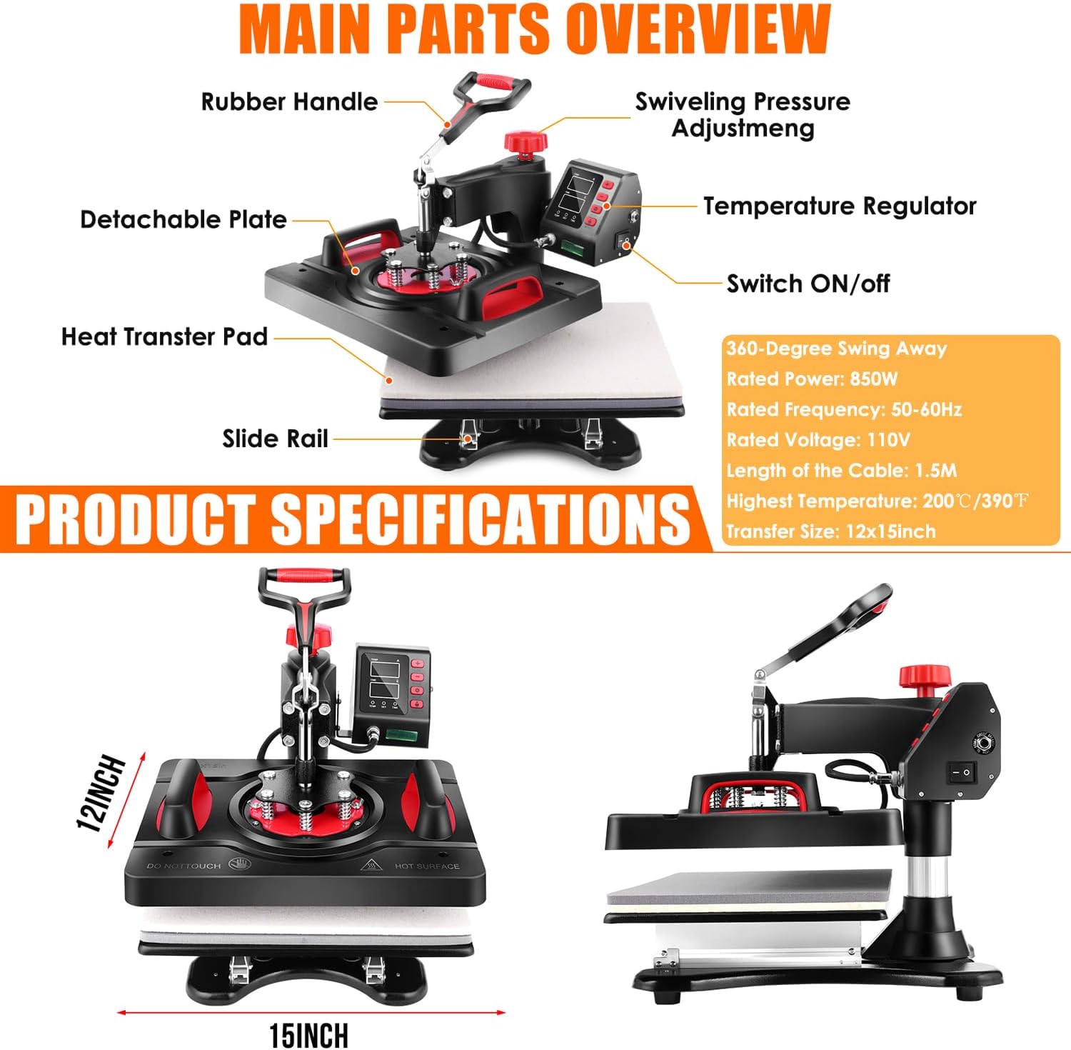 Pro Heat Press, 8 in 1 Heat Press Machine for T Shirts, 15 x 12 Inch Shirt Press Machine, 360-Degree Swing Away Heat Transfer Sublimation Shirt Printing Machine for Tshirts Mugs Plates Caps (R-8 IN 1)