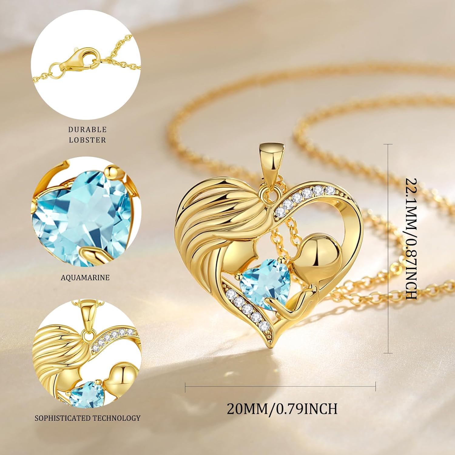 FANCIME Mom Birthstone Necklace Mother and Child Love Heart Necklace I Love You Mom Gifts Mothers Day Birthstone Jewelry Gifts for Grandmother Women Wife, 16"+2" Inches - Image 2