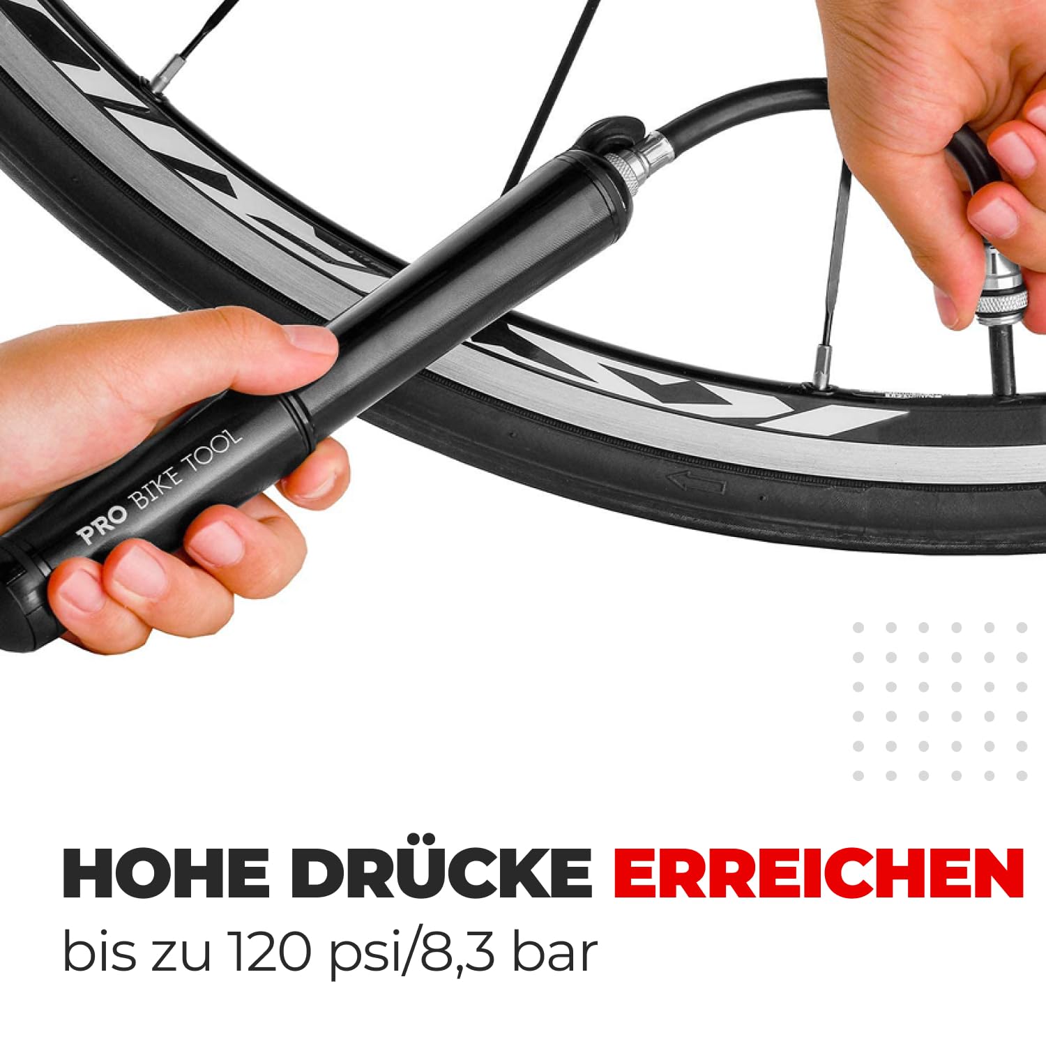 PRO Bike Tool Mini Fahrradpumpe Premium Edition - Kompatibel mit Presta- und Schrader-Ventilen - PSI Hochdruck - Fahrradreifenpumpe für Straßen- und Mountainbikes