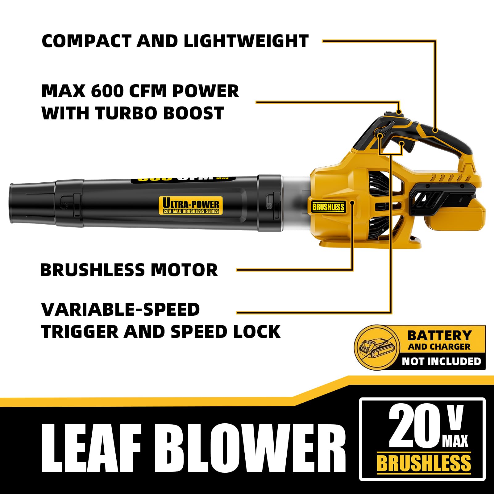 Soplador de hojas inalámbrico, 600 CFM/125 MPH Turbo Boost compatible con batería DW 20V Max, motor sin escobillas, disparador variable y bloqueo de velocidad, ergonómico 3.5 libras para