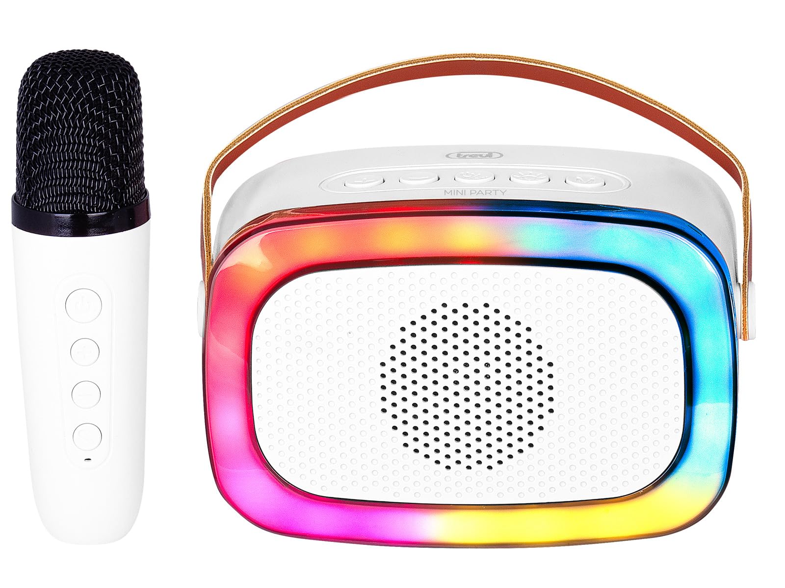 Trevi XR 8A01 MINIPARTY 10W Kids Karaoke Amplified Speaker with Microphone, Wireless Audio and TWS Function, USB, Micro SD and AUX-IN Inputs, Multiple Voice Effects, White
