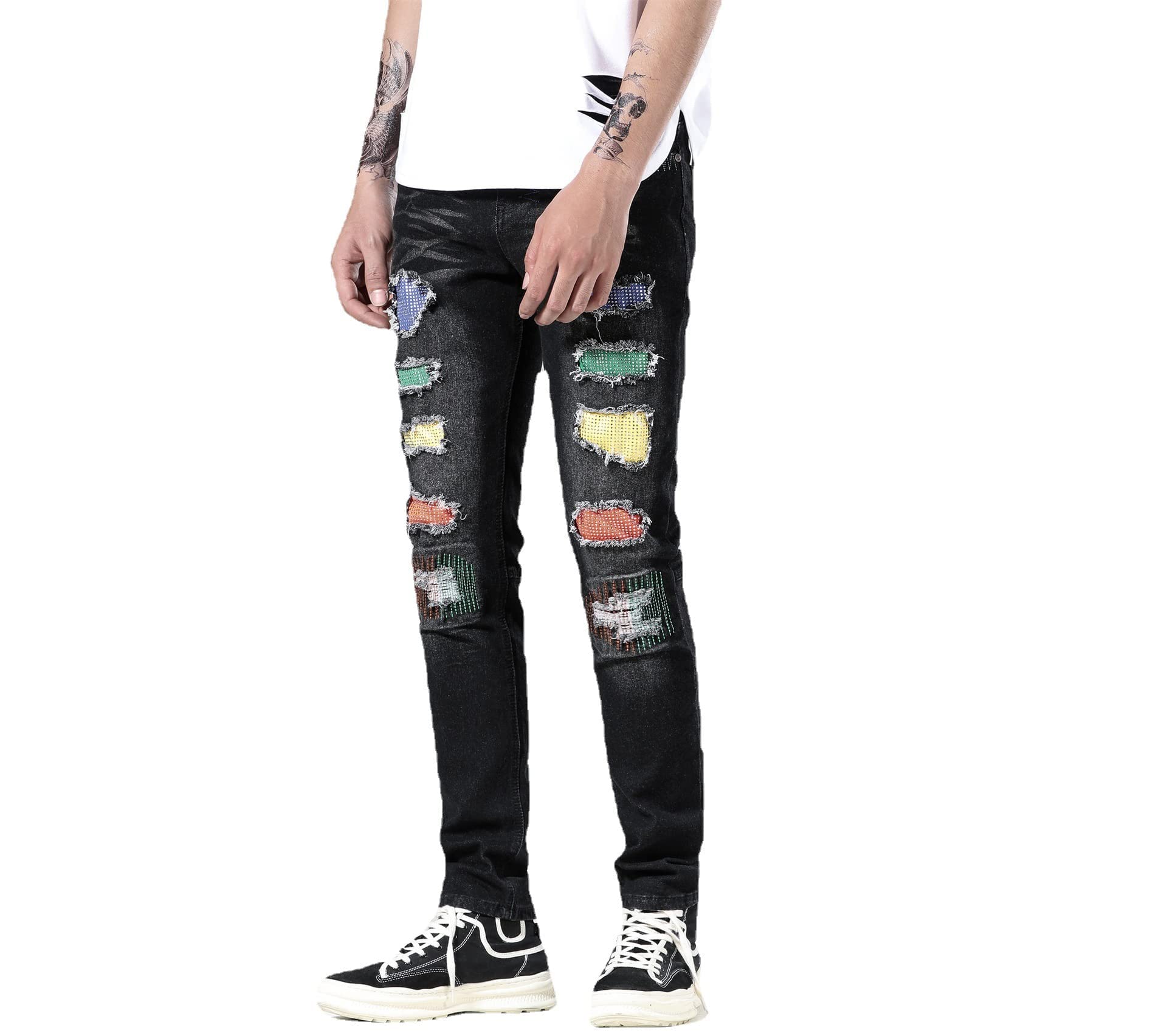Skinny Slim Fashion męskie podarte proste dziury Hip Hop Biker Stretch Jeans, Czarny (1617), 34W / 31L