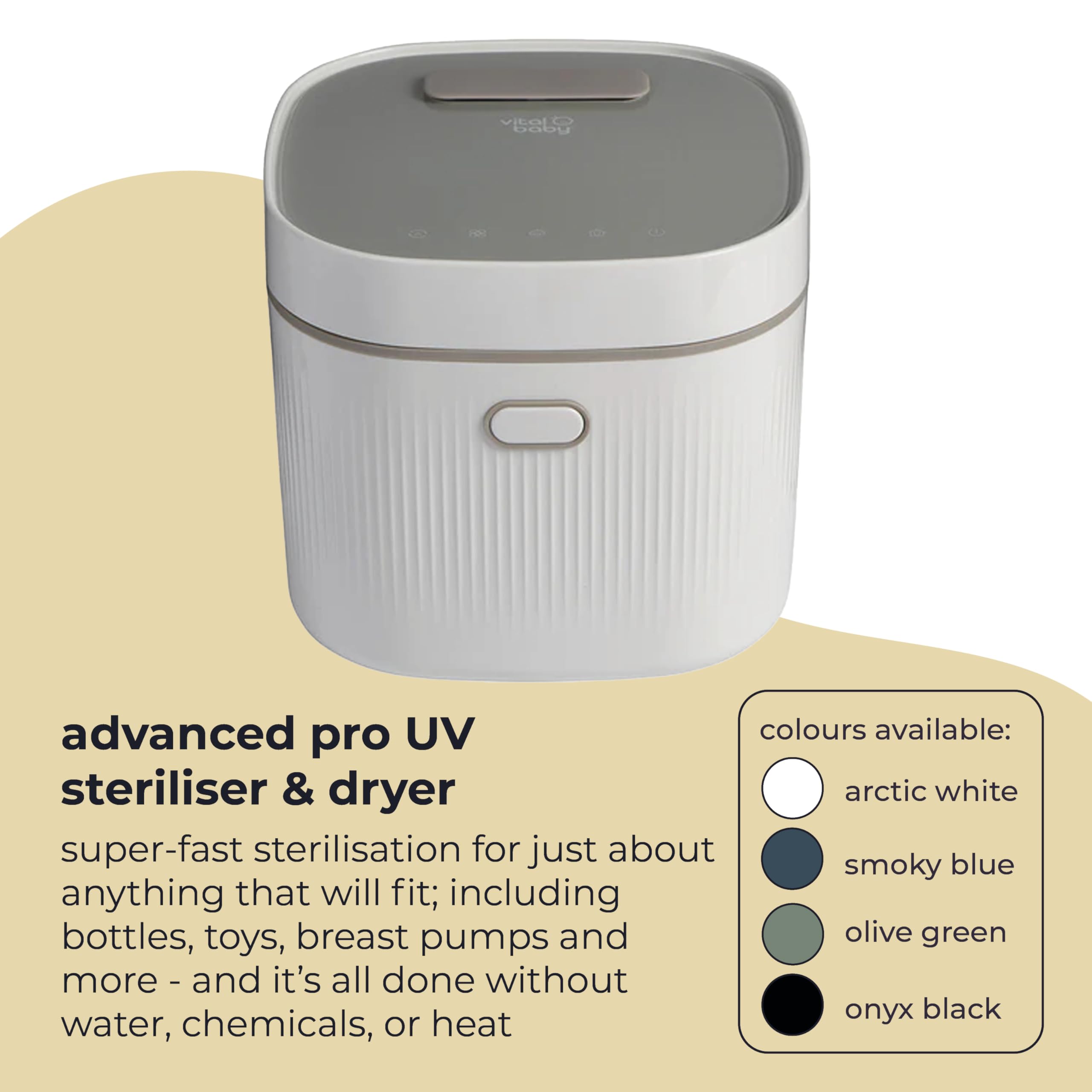 Vital Baby UV Babyflasche Sterilisator & Trockner Elektrischer Sterilisator für Flaschen, Milchpumpen, Schnuller & Zubehör Kein Wasser, Dampf oder Chemikalien - 5 Minuten Schnellzyklus, tötet 99,99%