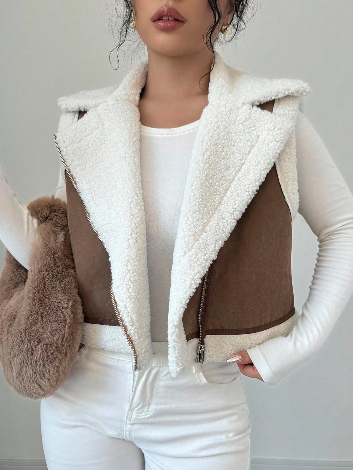 MakeMeChic Women's Western Cowgirl Jackets Lapel Loose Fleece Jacket Vest Sleeveless Cardigan Coat