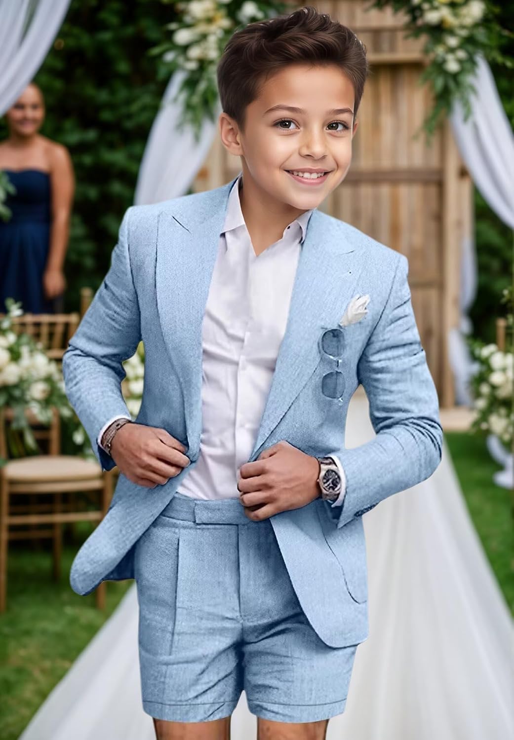 Boys Linen Short Suit 2 Piece Slim Fit Kids Tuxedo Summer Suits for Boys Beach Wedding Ring Bearer Outfits