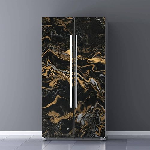 Juego de envoltura de vinilo autoadhesivo para refrigerador, textura de papel de tinta de mármol, mural de puerta negra y plateada, calcomanía