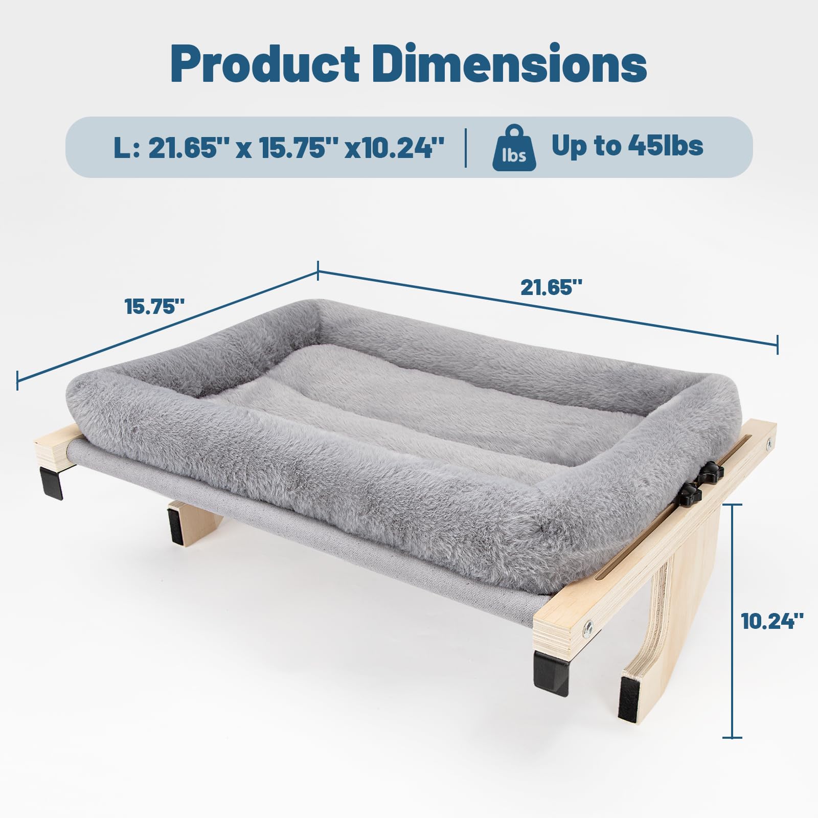 Fensterstange für Katzenschweller, Rahmen aus 100 % natürlichem Kiefernholz, weiches Kaninchenfellkissen, werkzeuglose Anpassung, unterstützt 22,7 kg (groß-grau)