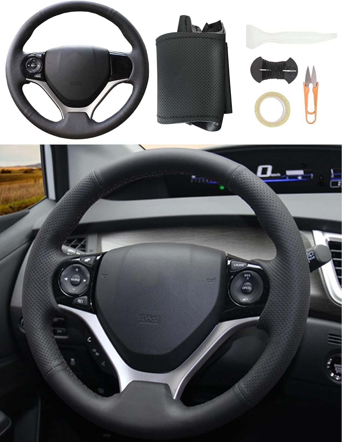 Car Steering Wheel Cover Microfiber Leather Stitch Wheel Wrap Fit for Honda Civic Civic 9 2012 2013 2014 2015,Black