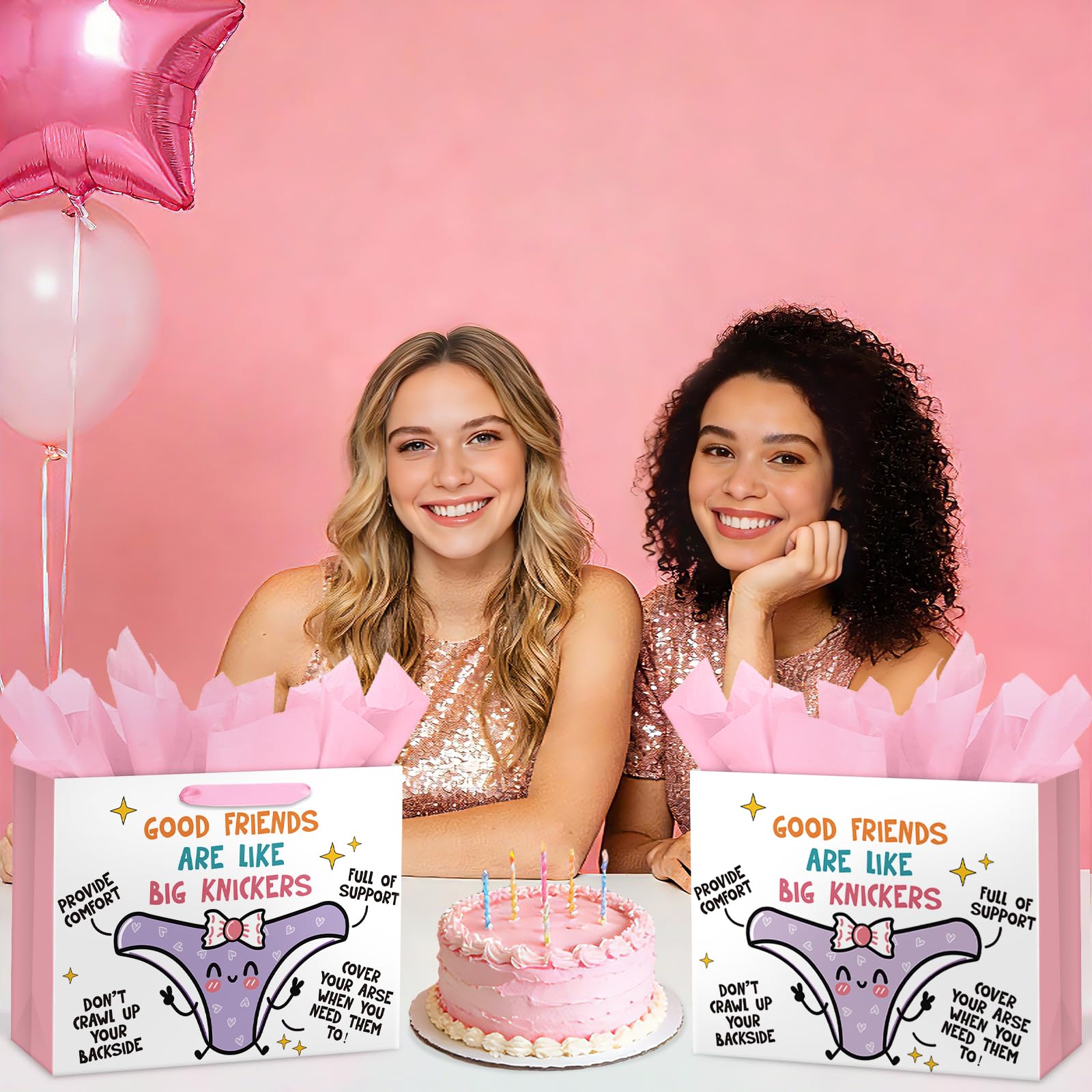 Loveinside 13" Large Funny Friendship Gift Bag, Good Friends Are Like Big Knickers Cute Cartoon Gift Bag with Tissue Paper for Best Friends, Women, Birthday, Galentine's Day, 13" x 5" x 10", 1 Pcs