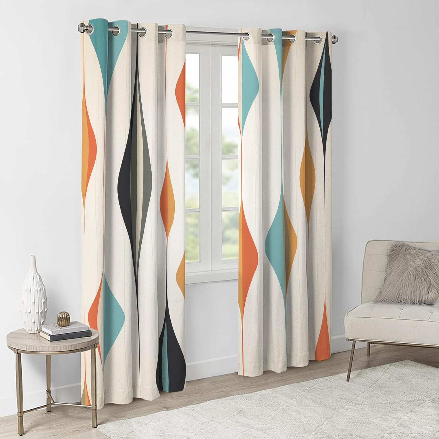Mid Century Curtains Blackout - Mid Century Modern Curtains, Abstract Minimalist Window Curtains, Geometric Boho Home Decor Drapes 2 Panel Sets, Black Out Curtains 54 Inches Long