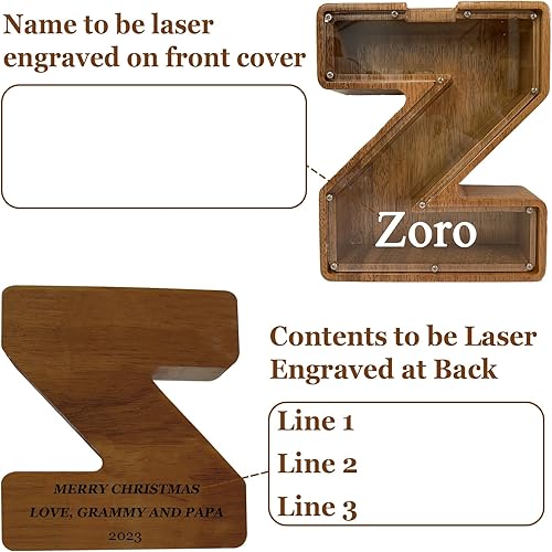 Vista 17 de Alcancía grande de madera personalizada para niños, alcancía con nombre personalizado, alcancía (nombre grabado láser) letras del alfabeto